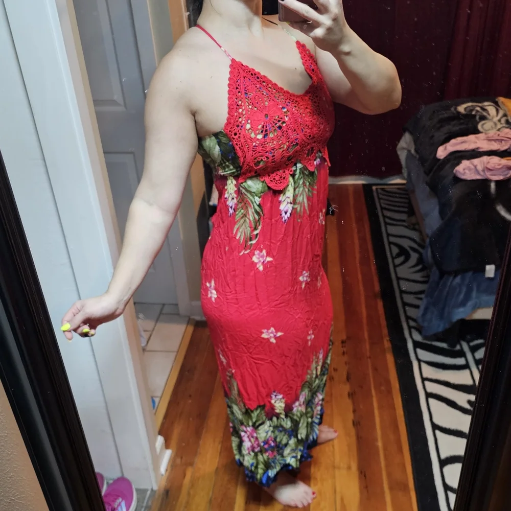 Chilean Tropical Easter Island Red Sundress M L - Picture 5 of 6